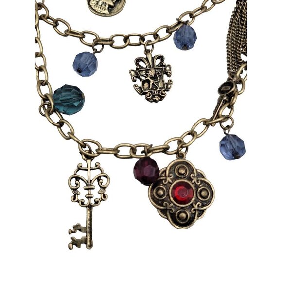 Multistrand Charm Necklace 22" Brass Tone Beads Locks Keys Shield Charms - Picture 15 of 16